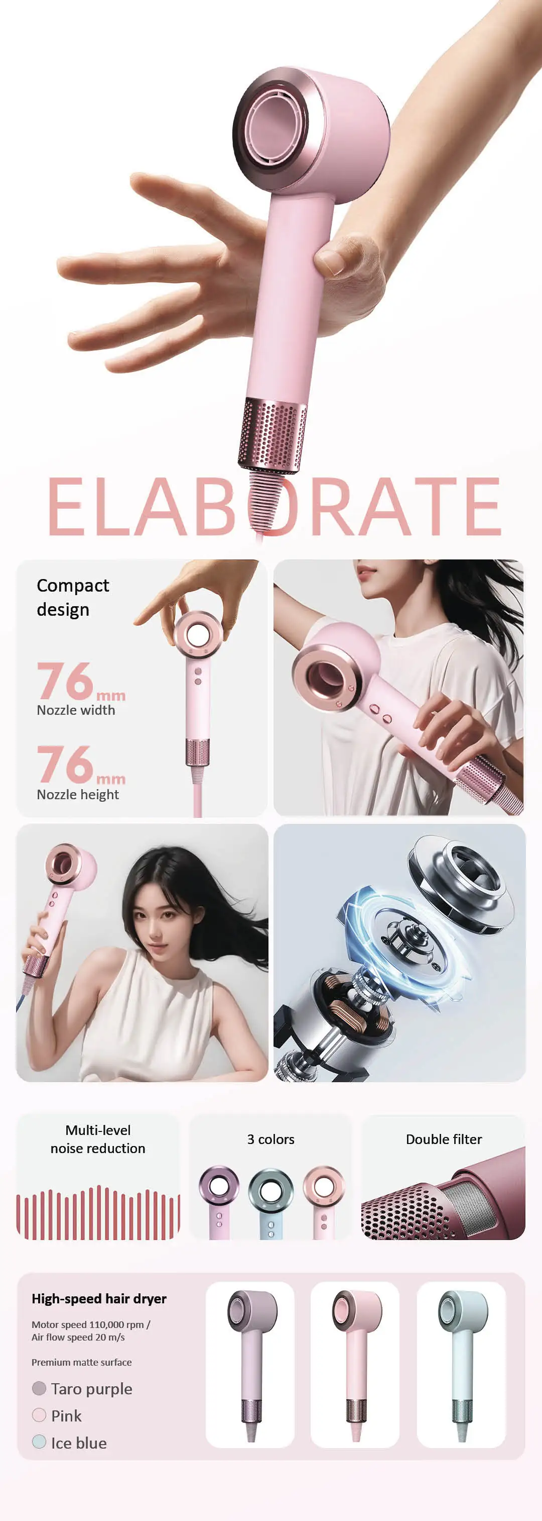 The Daiwall G5 hair dryer features a compact design, multi-level noise reduction, three color options, and a dual filter.